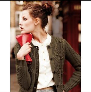 Boden 100% Cotton Chunky Cable Knit Pom Button Up Sweater